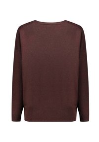Maglione color mogano con maniche lunghe e scollo arrotondato. Tessuto liscio e vestibilità comoda, con dettagli a coste sull'orlo e sui polsini.