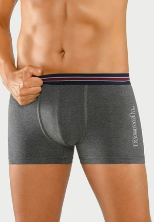 Gray boxer briefs with a fitted design, elastic waistband featuring navy and maroon stripes, and logo printed in white on the side.