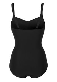 Musta uimapuku, jossa on ohuet säädettävät olkaimet, sileä pinta ja tiukka malli. Ominaisuuksiin kuuluu klassinen siluetti ilman koristeita.