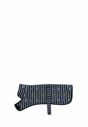 Dog coat with black and white vertical stripes and small yellow and gray dog patterns, featuring a strap for fastening.
