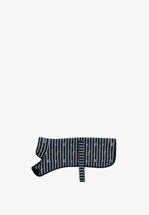 Dog coat with black and white vertical stripes and small yellow and gray dog patterns, featuring a strap for fastening.