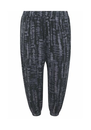 Pantalon ample à motif tie-dye noir et gris, doté d'une taille élastique et de poignets resserrés aux chevilles.
