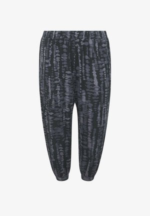 Pantaloni larghi con motivo tie-dye nero e grigio, con vita elastica e polsini alla caviglia svasati.