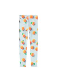 Collants avec un fond bleu clair ornés d'un imprimé répété de pêches oranges et de feuilles vertes. Tissu extensible avec une taille élastique.