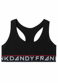 Svart sport-bh med racerback-design, tillverkad i ett stretchy material och med ett dekorativt band med "DANDYFRANK" i vitt och rött.