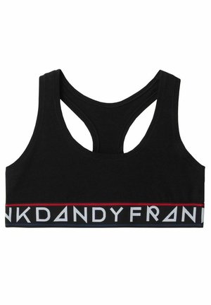Sort sportsbh med racerback-design, lavet af strækbart stof og med et dekorativt bånd med "DANDYFRANK" i hvidt og rødt.