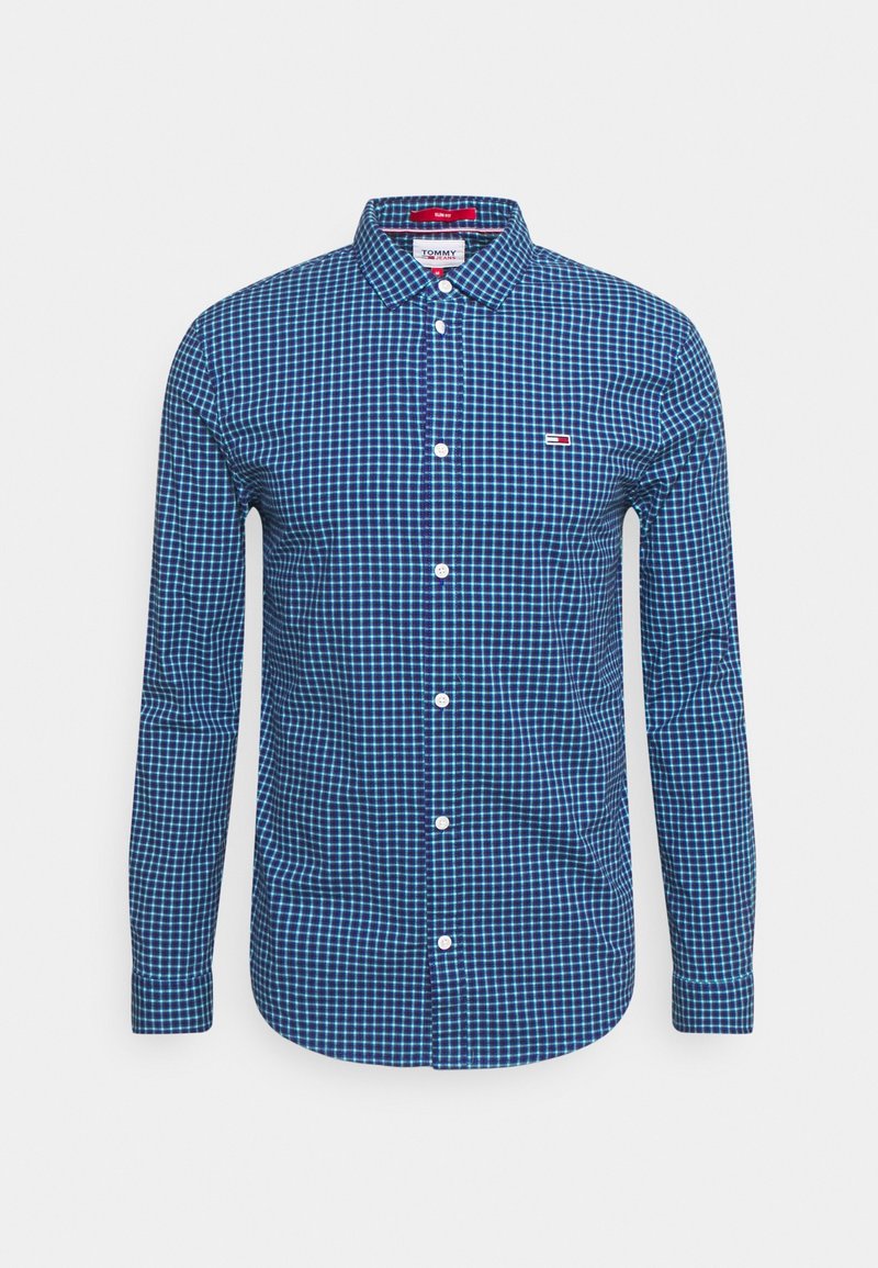 Camicia a maniche lunghe a quadri blu e verde acqua con colletto abbottonato, caratterizzata da un piccolo logo sul petto sinistro e bottoni bianchi.