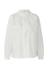 Weiße Bluse mit langen Ärmeln, Stehkragen, Knopfleiste und elastischen Manschetten. Leichtes Material mit glatter Textur.