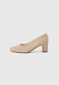 Beige semsket høyhælte pumps med rund tå, blokkhæl og glatt tekstur. Minimalistisk design med en subtil, klassisk form.