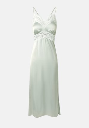 Light green satin slip dress with lace accents, featuring adjustable straps and a side slit for added movement and comfort.