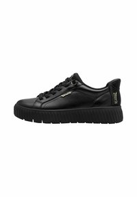 Baskets en cuir noir avec bout rond, semelle en caoutchouc texturé et fermeture à lacets. Présente des accents dorés subtils et un détail de logo à l'arrière.