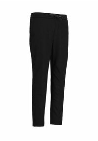 Pantaloni jogger neri realizzati in tessuto morbido, con vita regolabile tramite cordino, gambe affusolate e tasche laterali. Senza loghi o motivi visibili.