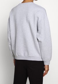 Sudadera gris de algodón con cuello redondo, hombros caídos, puños y dobladillo acanalados, y un corte relajado, vista desde la parte de atrás.