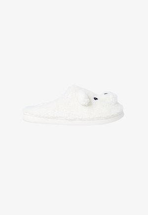 White plush slipper shaped like a bear with black eyes and a nose, featuring small ears on top, side view on a white background.