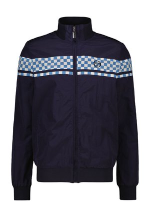 Marineblauer Windbreaker mit Reißverschluss, gerippten Bündchen und einem karierten blauen Streifen über der Brust. Logo auf der linken Seite.