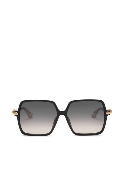 Lunettes de soleil carrées noires oversize avec des verres gris dégradés et un détail serpent doré sur les branches.