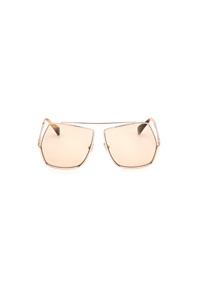 Occhiali da sole con forma pentagonale, lenti marroni chiari, sottili montature in metallo color oro rosa e un marchio discreto sulle aste interne.