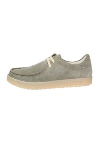 Chaussure en suède gris à bout arrondi, avec des lacets et une semelle en caoutchouc beige. Texture lisse avec des accents cousus et un design minimaliste.