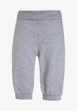 Pantalons de jogging en mélange de coton gris avec une large taille élastique, des poignets fuselés et une texture douce. Présente un design simple et sans embellissement.