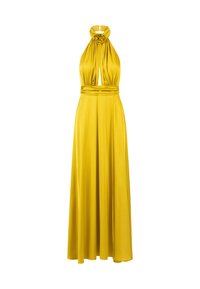 Gelbes Halsbandkleid aus glattem Stoff, mit einem Schlüssel-Locheinsatz und gerafftem Dekolleté, einer taillierten Passform und einem fließenden Rock.