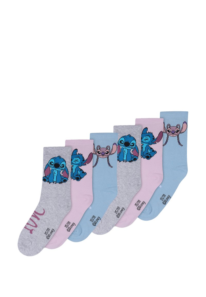 Seis pares de calcetines con diseños de Stitch, en colores variados: gris, rosa y azul. Tejido suave con gráficos impresos y el texto "LOVE" en uno de los calcetines.