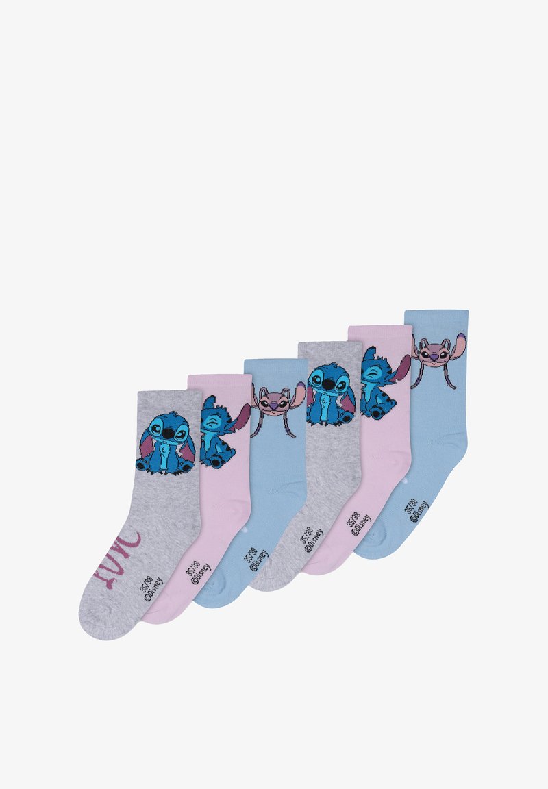 Sechs Paar Socken mit Stitch-Motiven in verschiedenen Farben: grau, rosa und blau. Weicher Stoff mit gedruckten Grafiken und dem Text "LOVE" auf einer Socke.