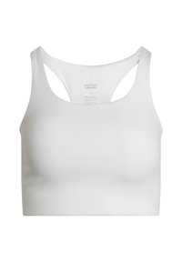 Sujeción deportiva blanca sin costuras con diseño racerback, fabricada con tela elástica y suave, mostrando copas moldeadas sutiles para soporte.