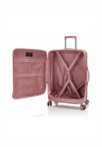 Rosa Hartschalenkoffer mit ausziehbarem Griff, Innenfächern aus Netz, Riemen zur Sicherung von Gegenständen und vier multidirektionalen Rollen.