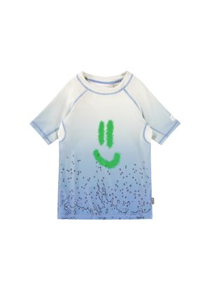 Koszulka do pływania dla dzieci z krótkim rękawem, w niebieskim gradiencie, z czarnym wzorem rozpryskującej się wody oraz zieloną uśmiechniętą buzią z przodu.