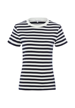 Top a maniche corte in maglia costina con strisce orizzontali blu navy e bianche e scollo rotondo bianco, taglia piccola.