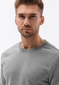 Grijze crewneck sweatshirt met een geribbelde kraag en een gladde textuur, voorzien van een minimalistisch ontwerp en een ontspannen pasvorm.