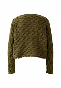 Olijfgroen gebreide trui met een gestructureerd golfpatroon, cropped lengte, lange mouwen en geribbelde hals en manchetten.