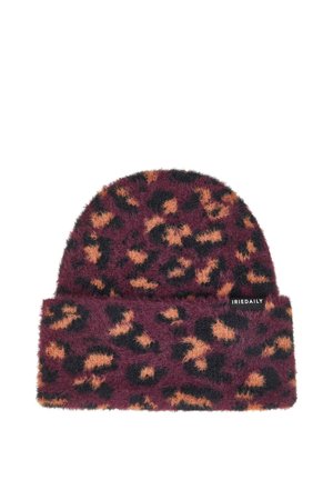Fuzzy knit beanie with folded cuff in dark purple, orange, and black leopard print, featuring a small black label with white text.
