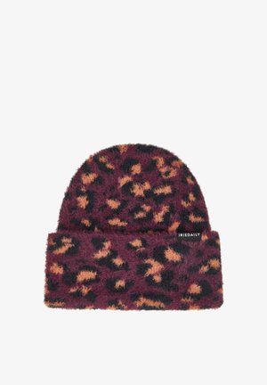 Fuzzy knit beanie with folded cuff in dark purple, orange, and black leopard print, featuring a small black label with white text.