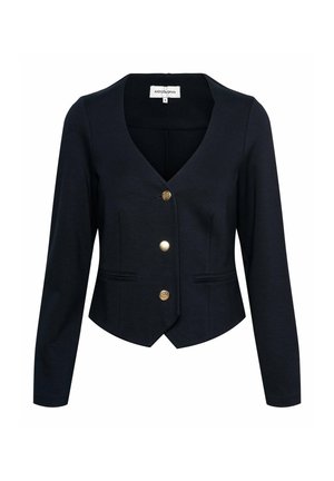 Zwarte op maat gemaakte blazer voor dames met V-hals, drie gouden decoratieve knopen, lange mouwen en een getailleerde taille.