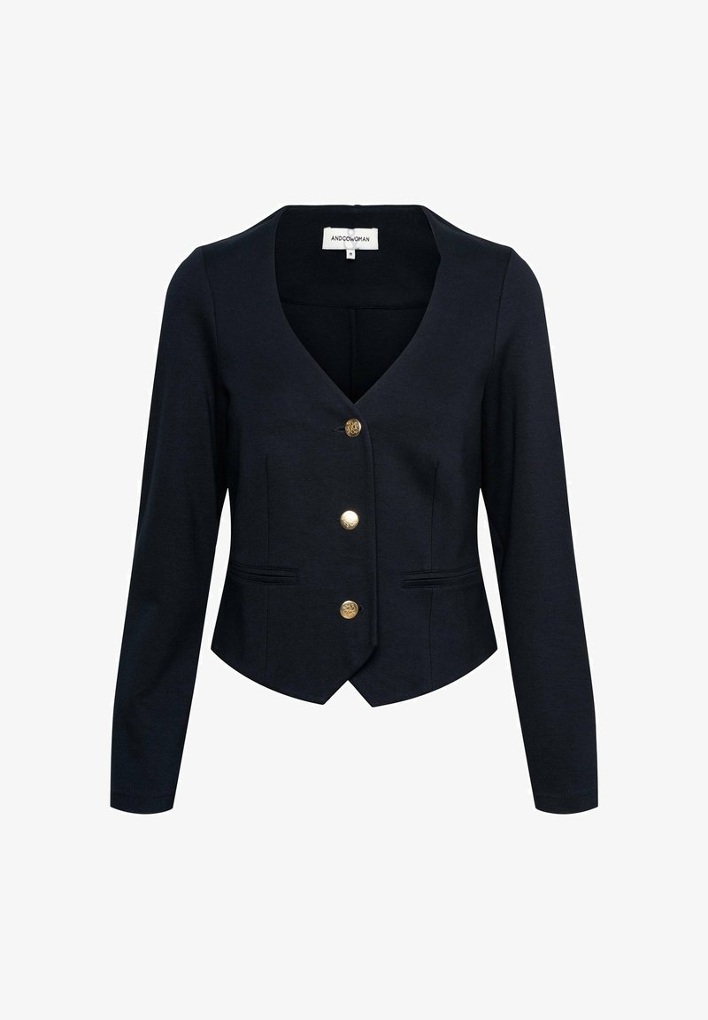 Zwarte op maat gemaakte blazer voor dames met V-hals, drie gouden decoratieve knopen, lange mouwen en een getailleerde taille.