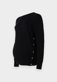 Black long-sleeve maternity sweater with side buttons and ribbed cuffs, ribbed hem, and a round neckline on a plain background.