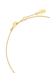 Złota bransoletka z delikatnym wzorem łańcuszka, posiadająca zapięcie typu homar oraz małą owalną zawieszkę z wygrawerowanym napisem "LIBRA".