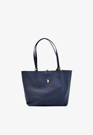 Borsa tote in pelle blu navy con finitura testurizzata, doppi manici e dettagli in oro. Design a apertura superiore con spazio interno per gli oggetti essenziali.