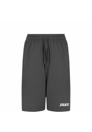 Graue Sportshorts aus leichtem Material, mit einem elastischen Bund und Kordelzug sowie einem weißen Logo auf der linken Seite.