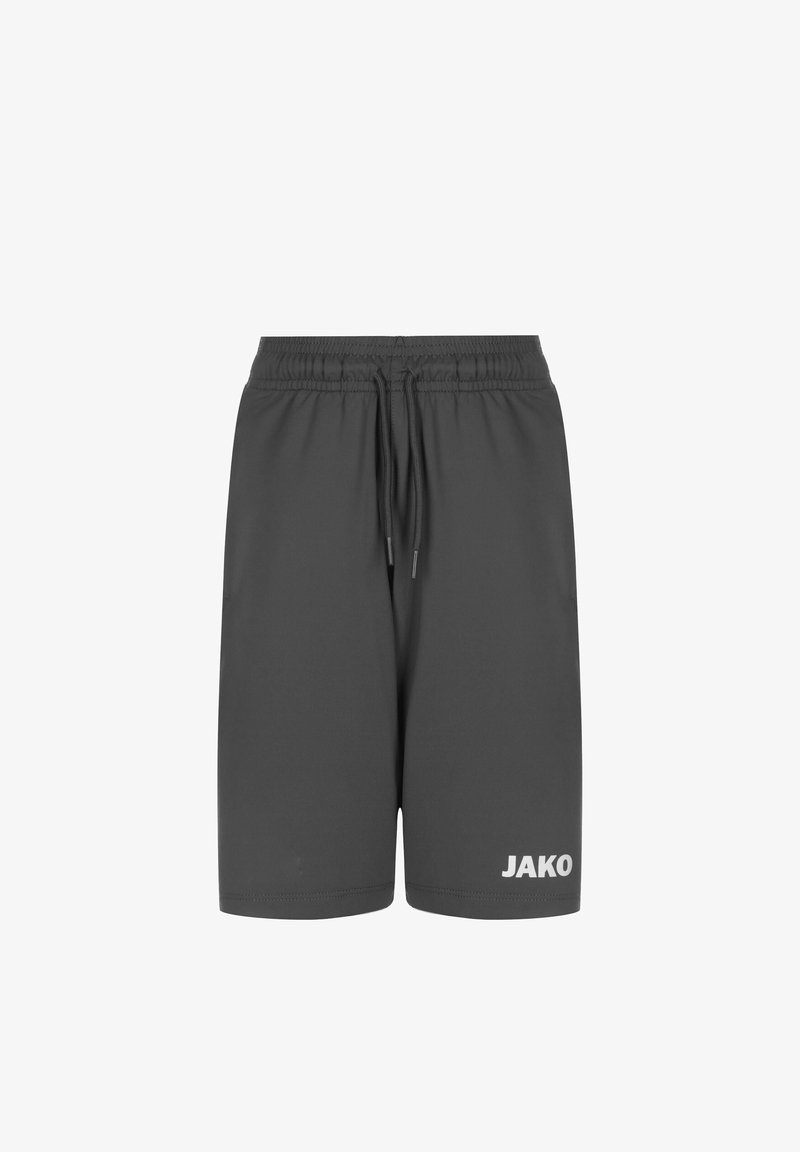Graue Sportshorts aus leichtem Material, mit einem elastischen Bund und Kordelzug sowie einem weißen Logo auf der linken Seite.