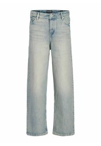 Jean large bleu clair en denim, avec un design classique à cinq poches, fermeture à bouton, et un léger délavage pour ajouter de la texture.