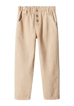 Beige afslappede bukser med elastisk talje, tre metalknapper, bæltestropper, forlommer og lige ben.