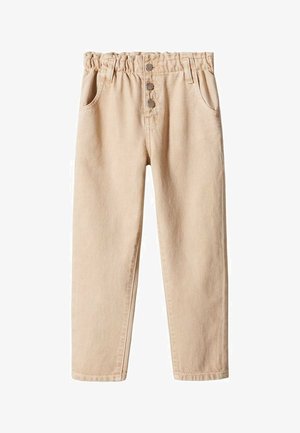 Beżowe spodnie casualowe z elastycznym pasem, trzema metalowymi guzikami, szlufkami na pasek, kieszeniami z przodu oraz prostym krojem nogawek.