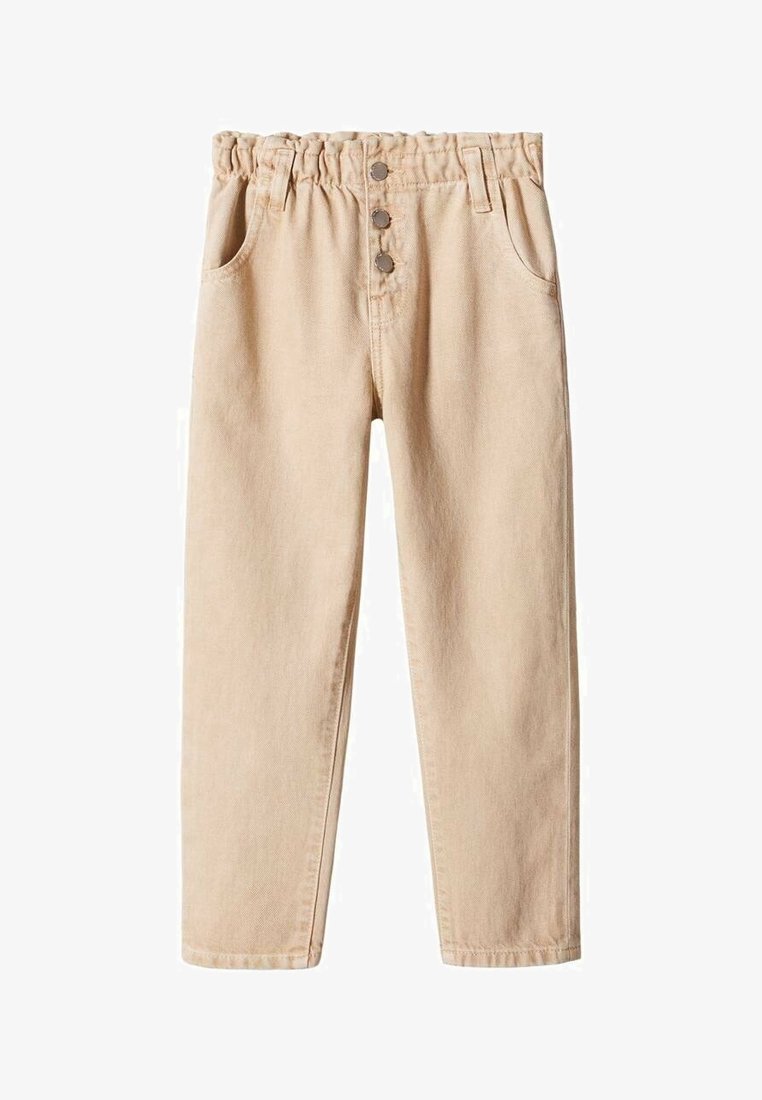 Pantalons casuels beiges avec taille élastique, trois boutons en métal, passants de ceinture, poches avant et coupe droite.