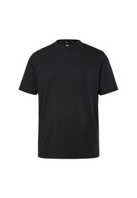Camiseta de algodón negra de manga corta con cuello redondo y un ajuste relajado, exhibida sobre un fondo blanco.