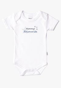White cotton baby onesie featuring short sleeves, snap closures at the bottom, and printed text "Mommy's Favourite" with stars in gray and blue.