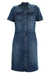 Kankuramekko, jossa on lyhyet hihat, kahdella rintataskulla, napit edessä ja muotoiltu vyötärö. Keskisininen väri, hieno rakenne näkyvissä.