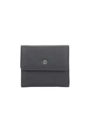 Gray leather wallet with a textured surface, single snap closure, and a circular metal logo on the front, compact rectangular shape.