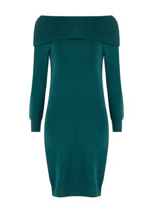 Abito a maglia color turchese con scollo off-the-shoulder, texture a coste, forma aderente e maniche lunghe. Materiale in maglia morbido, design al ginocchio.